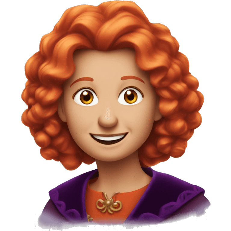 “Apple emoji of Winifred Sanderson: round face, crooked smile with a single front tooth, fiery heart-shaped red-orange hair, thick arched eyebrows, and a hint of a dark purple cloak.” emoji