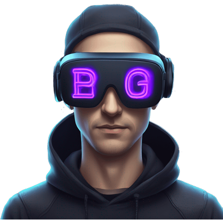 Russian man in the black hoody with violet letters "OMG VR" on it wearing vr headset. Cyberpunk style. blue neon. emoji