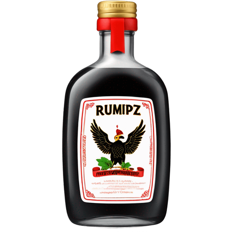 clear bottle of rumpleminze clear peppermint schnapps alcohol with a black label with red border and font that has a small gold eagle on the label that says “RUMPZ” emoji