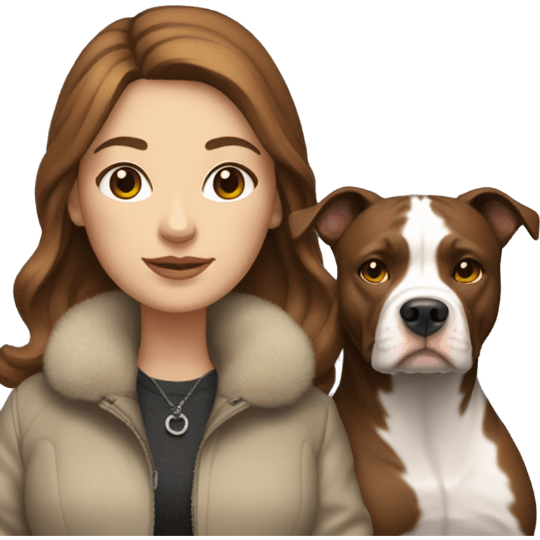 white woman with long brown hair in a furry jacket standing alongside a white pitbull emoji