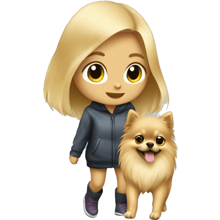 Blonde girl walking little pomeranian under the rain emoji