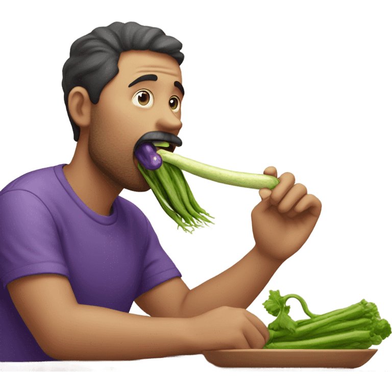 Man putting a purple long vegetable in his mouth so as to eat it emoji