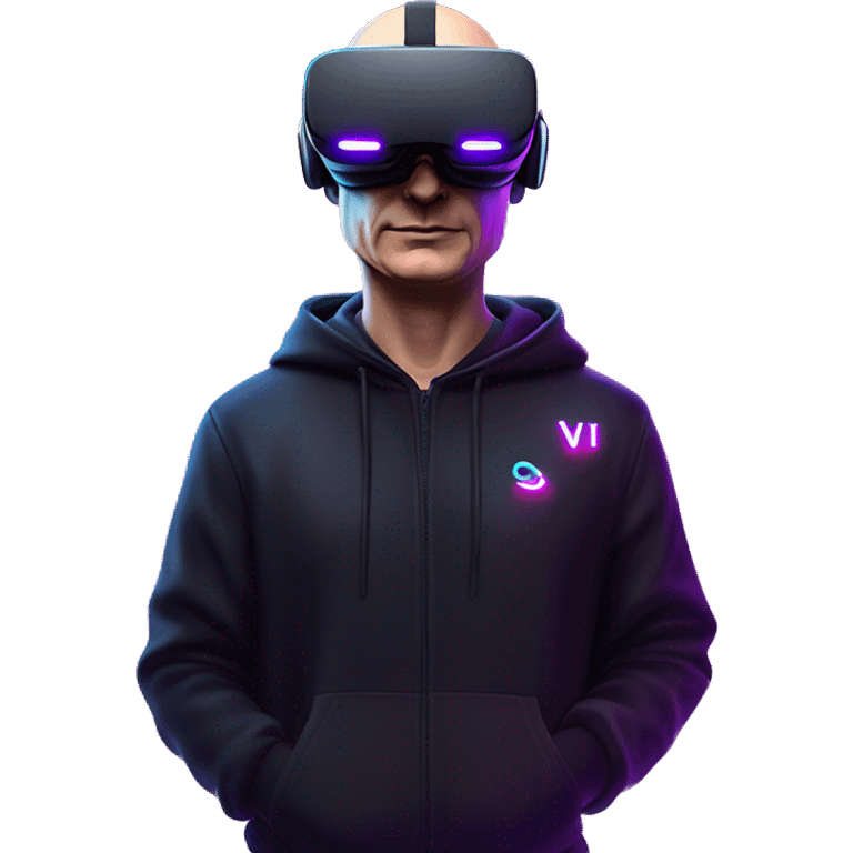 Putin wearing a black hoodie with "OMG" letters on it and VR headset oculus quest 2 in a cyberpunk VR environment with violet neon lighting. emoji