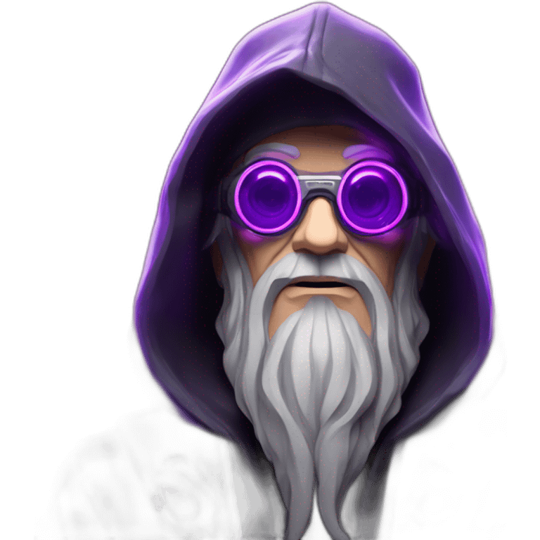 Gandalf wearing a black hoodie with "OMG" letters on it and VR headset in a cyberpunk VR environment with violet neon lighting. emoji