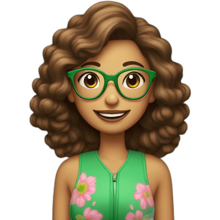 Chica pelo encima hombro y color marrón con gafas verdes, sonrisa amplia y labios pintados de rosa emoji