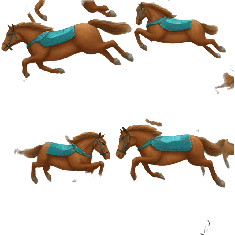 Chestnut brindle brindled horse running galloping wearing blue and cyan armour  emoji