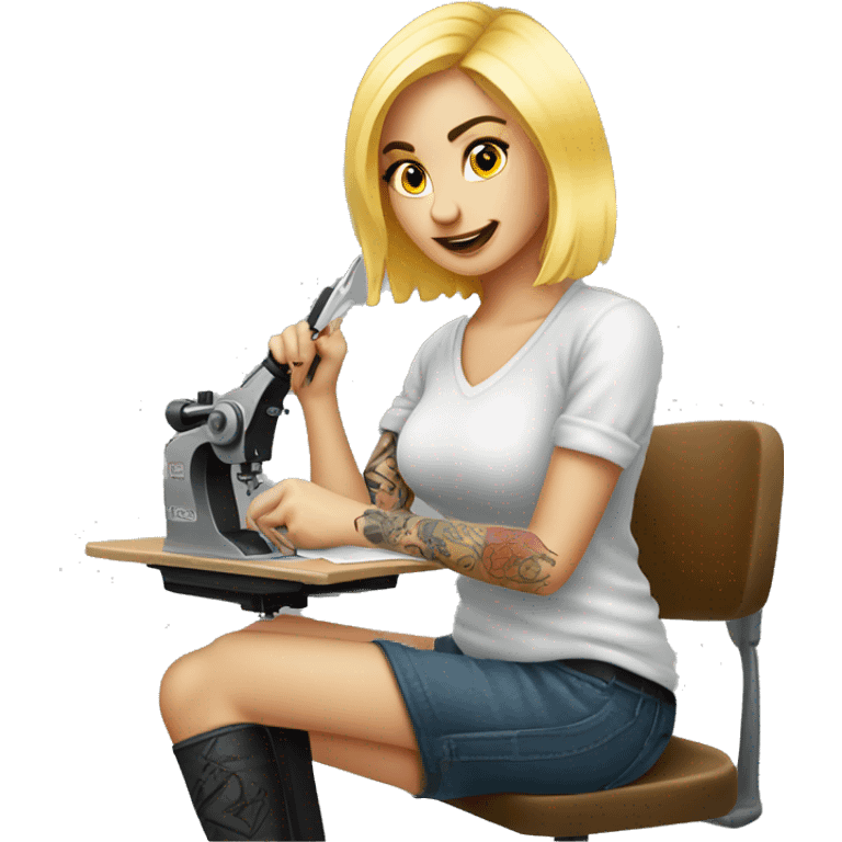 A blonde girl tattooing a post stamp emoji