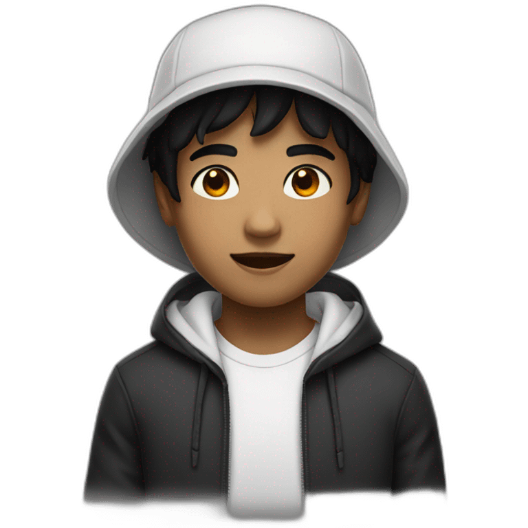 A boy with black eyes and black hair, wearing a black bucket hat and a white hoodie  emoji