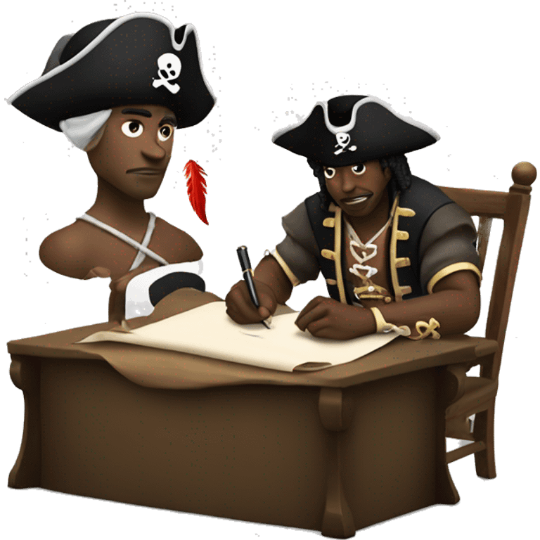 Black man with a pirate hat and a pirate outfit sitting down and writing on a scroll with a feather p emoji