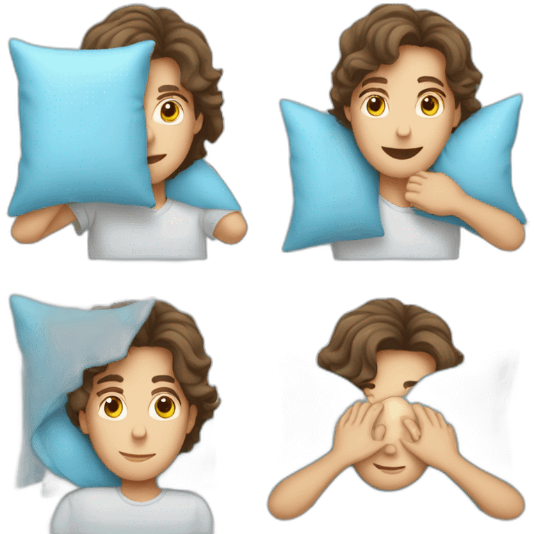 Brunette with light wavy hair putting his face inside a light blue pillow emoji