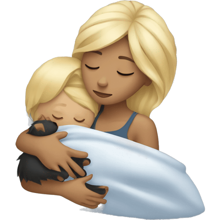 Blonde woman sleeping together with her Yorkie emoji