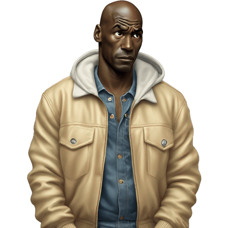 Michael Jordan in a jacket holds his head and is sad photorealistic serious emoji