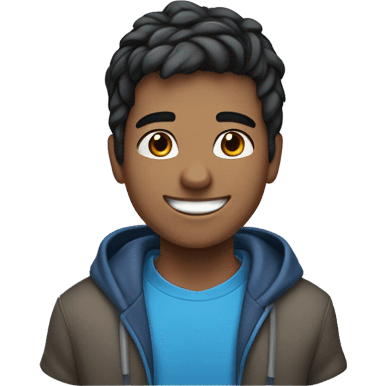 A cheerful young male digital avatar with medium skin, large brown eyes, black slicked-back hair, a bright smile, and a mole on the left cheek, wearing a blue hoodie. emoji