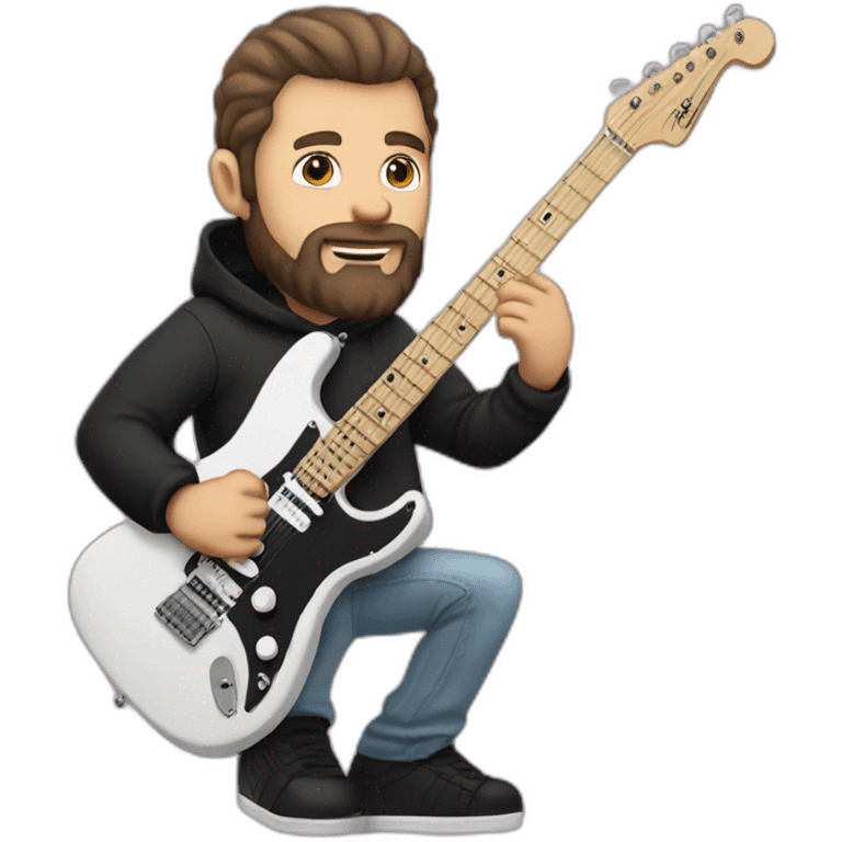 white man with dark beard and black t shirt and pastel pink stratocaster electric guitar emoji