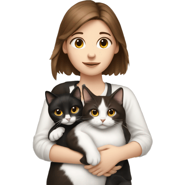 brown haired girl holding a black and white cat and a white cat  emoji