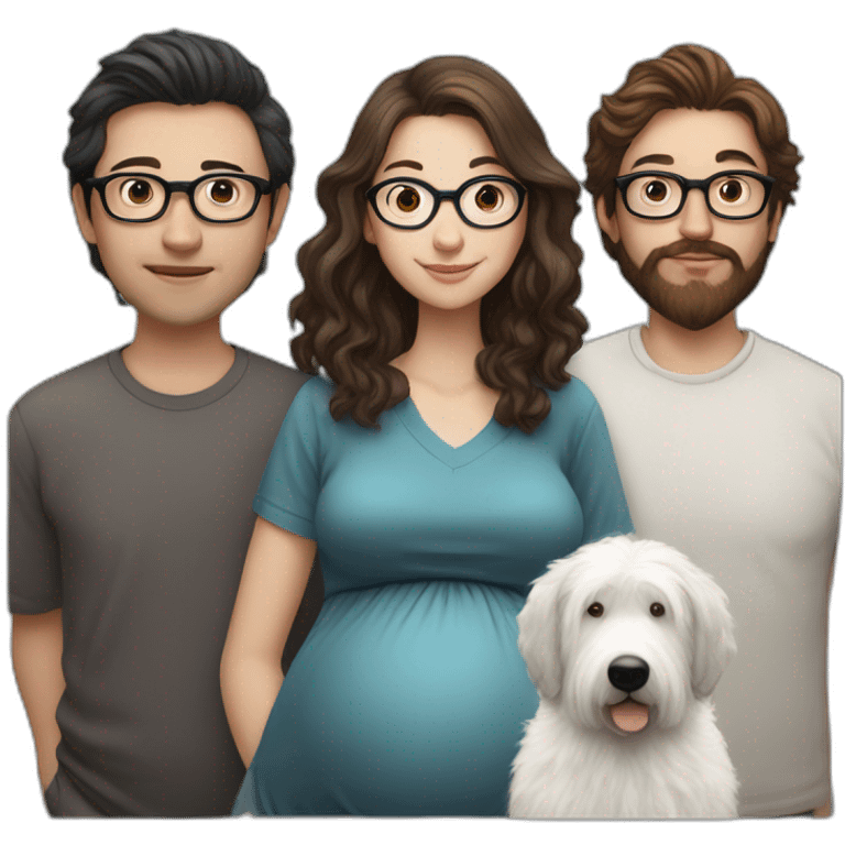 Hyperrealist pregnant girl with half long brown hair with glasses, a boy with long beard, glasses and short hair and english sheepdog emoji