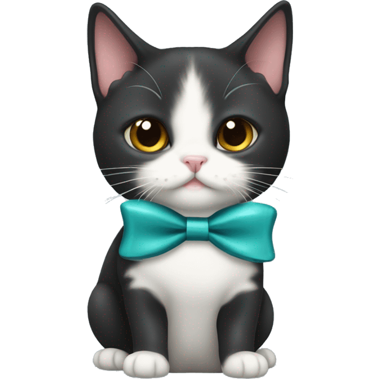 Black munchkin cat with a bow holding a sardine emoji