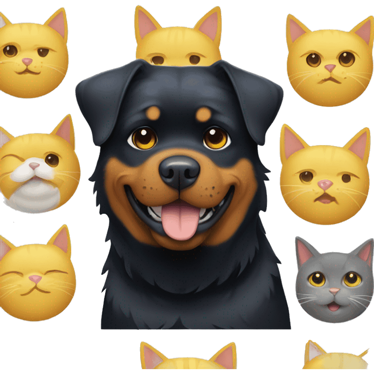 A Rottweiler whit a grey cat and a fluffy yellow  cat emoji