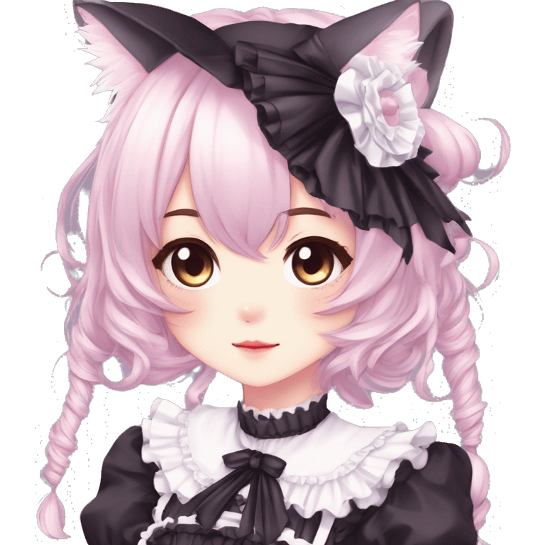 Gorgeous gothic Lolita anime style catgirl with blushing face with maid outfit laces headdress idol model kawaiicore pastelcore cottagecore pearly petite simplistic aesthetic trending style emoji