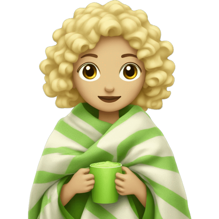 blonde girl with curly hair with a blanket that holds a matcha emoji