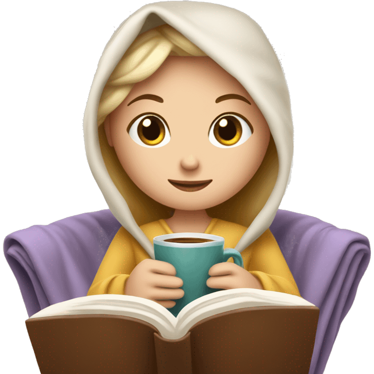 White Girl relaxed reading a book under a blanket with coffee in her hands emoji