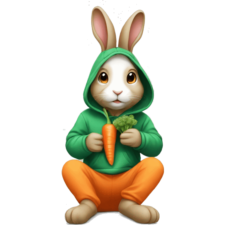 a rabbit wearing a hoodie and eating carrot emoji