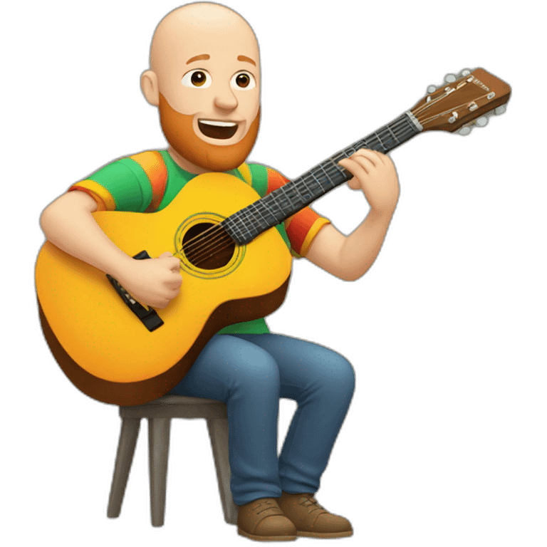 white bald guy with ginger beard playing acoustic guitar wearing a colorful t shirt emoji