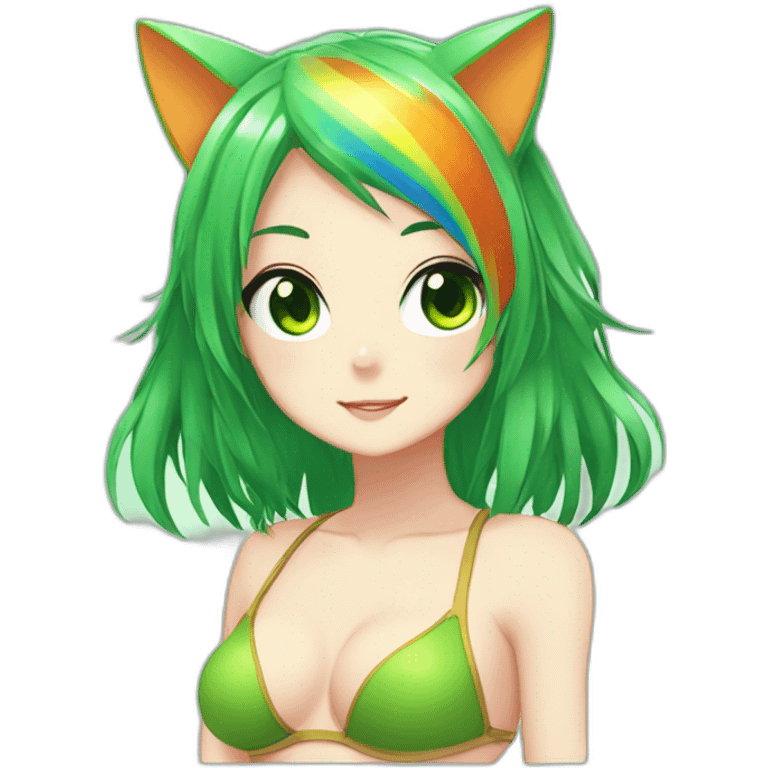 Hot anime catgirl rainbow hair green eyes swim suit big b00bs emoji