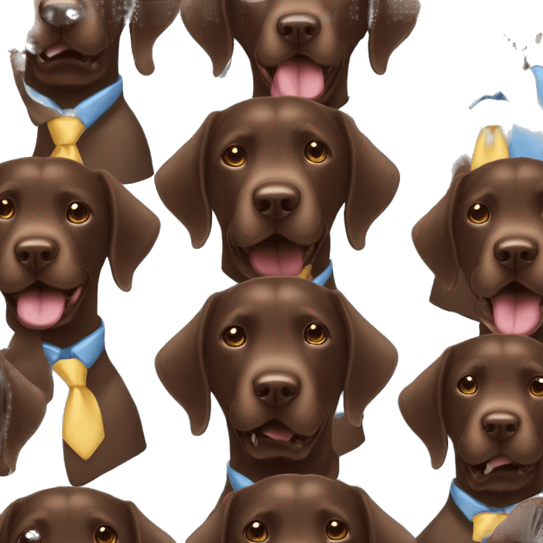 a adult boy chocolate labrador with a big smile and happy eyes wearing a blue tie  emoji