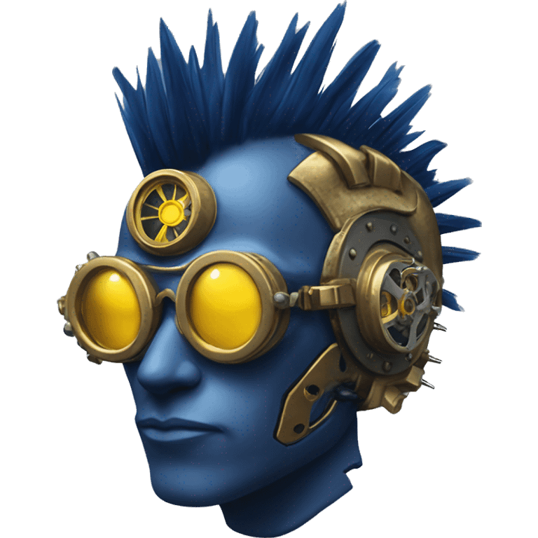 Navy blue Mohawk cyborg head with yellow steampunk goggles emoji