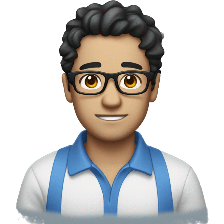 
Emoji of a man with glasses, with messy black hair and no beard, very white skin and a thick build, wearing a blue polo shirt emoji