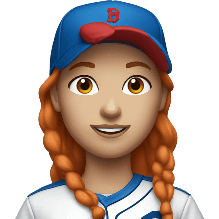 standing up white female coach with long red hair in blue  t-shirt and with a simple blue baseball hat emoji