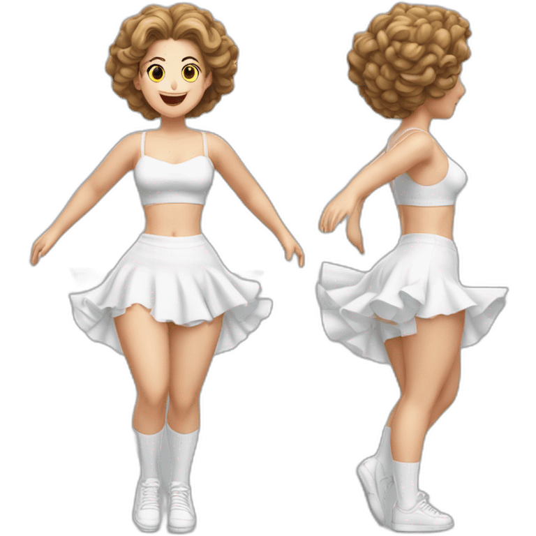 hyperrealistic-full-body-caucasian-curvy-beauty-jumping-small white-skirt-back-and-front-views-strong-wind-white knickers white socks emoji