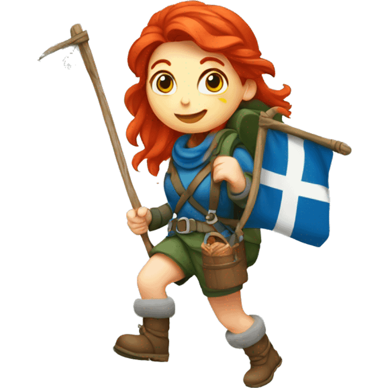 red hair female winter mountaineer climbing with Easter basket and Greek flag emoji