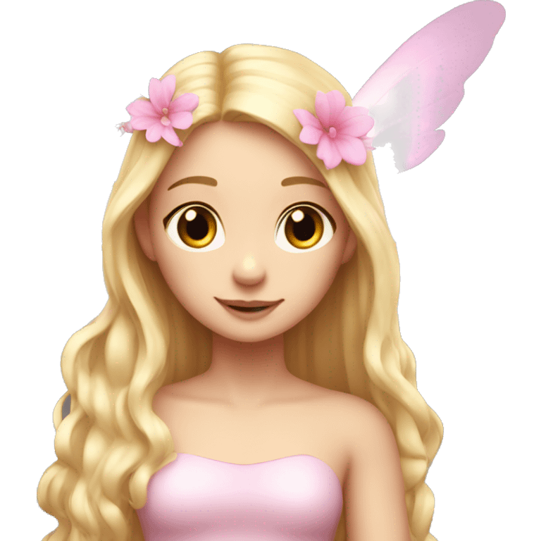 Beautiful, flower, fairy, light pink, long blond hair, big wings, fair skin emoji