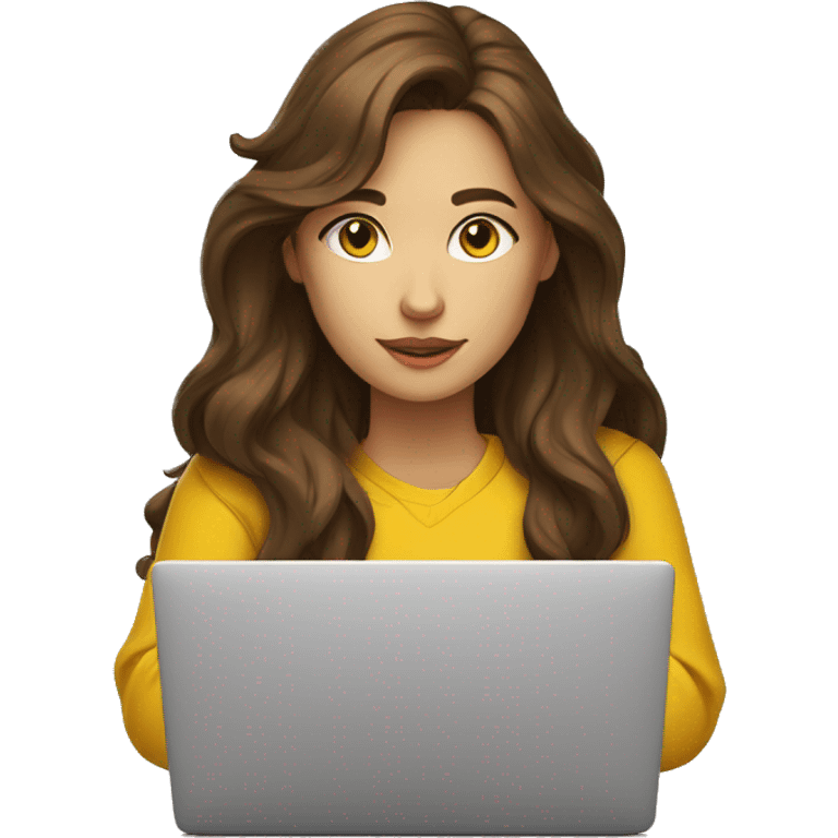 female coder with apple laptop in front of her, very long wavy brown hair, brown eyes, facing the right side looking at the laptop, yellow sweatshirt, no glasses emoji