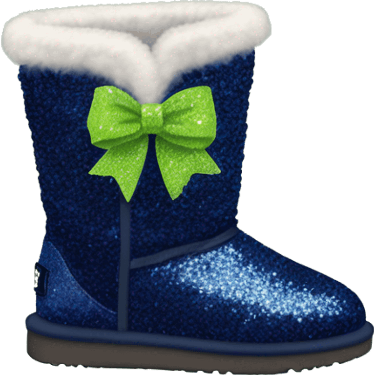 Realistic navy blue Sparkle glitter and fur Ugg boots with lime green bow. emoji