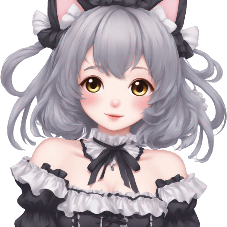 Gorgeous anime style catgirl with blushing face with maid outfit laces gothic Lolita idol model kawaiicore pastelcore cottagecore pearly petite simplistic aesthetic trending style emoji