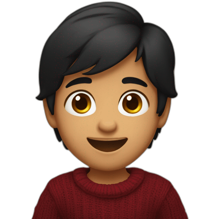 smiling and pointing north 3 years old indian with black hair wearing a dark red sweater emoji