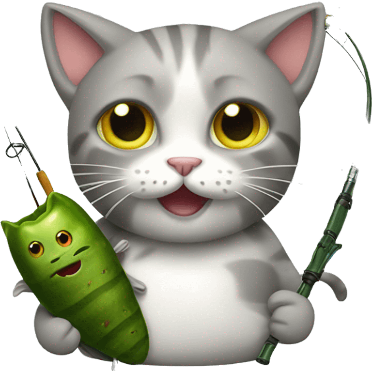 Cat with a pickle and a fishing pole emoji