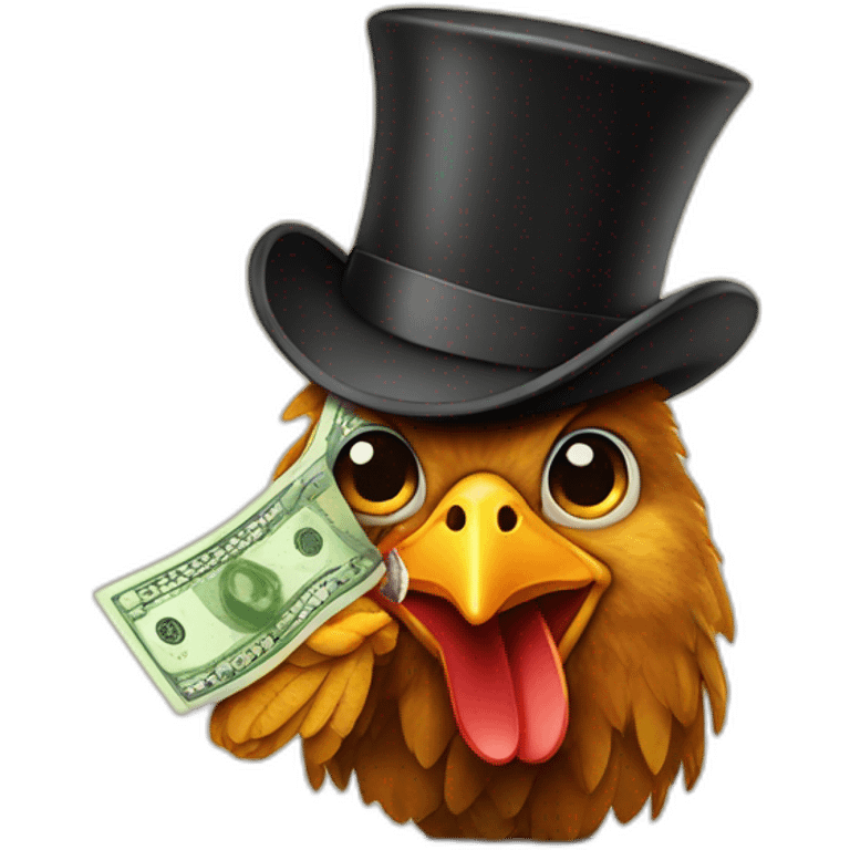 chicken smoking a cigar, wearing a top hat, holding money bag emoji