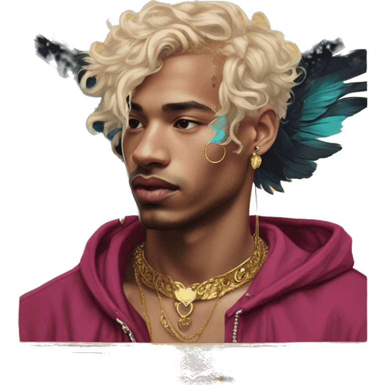 Vintage painting swirls gold jewellery baroque raven wings angel tropical Deep pink maroon burgundy cyan dark hoodie man vitiligo dyed hair gold piercings nose piercing ear piercings emoji