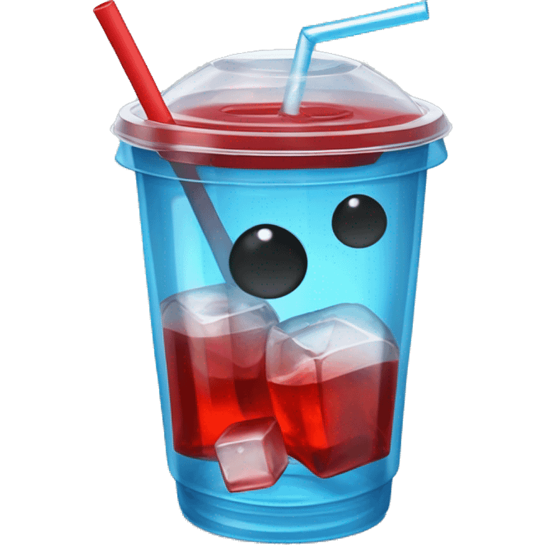 Realistic plastic cup and lid with Transluscent red soda and large ice cubes inside and one straw through the top of the lid. emoji