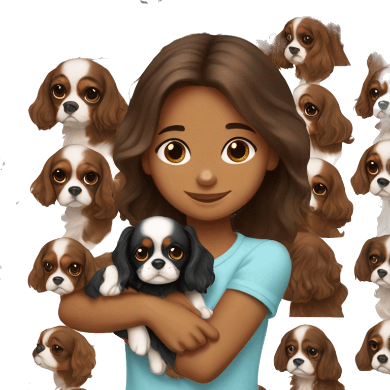 cute girl hugging two black and brown cavalier king charles spaniel  emoji