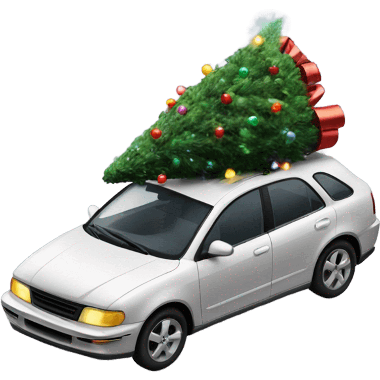 A car with a christmas tree with lights in it on top of the roof emoji