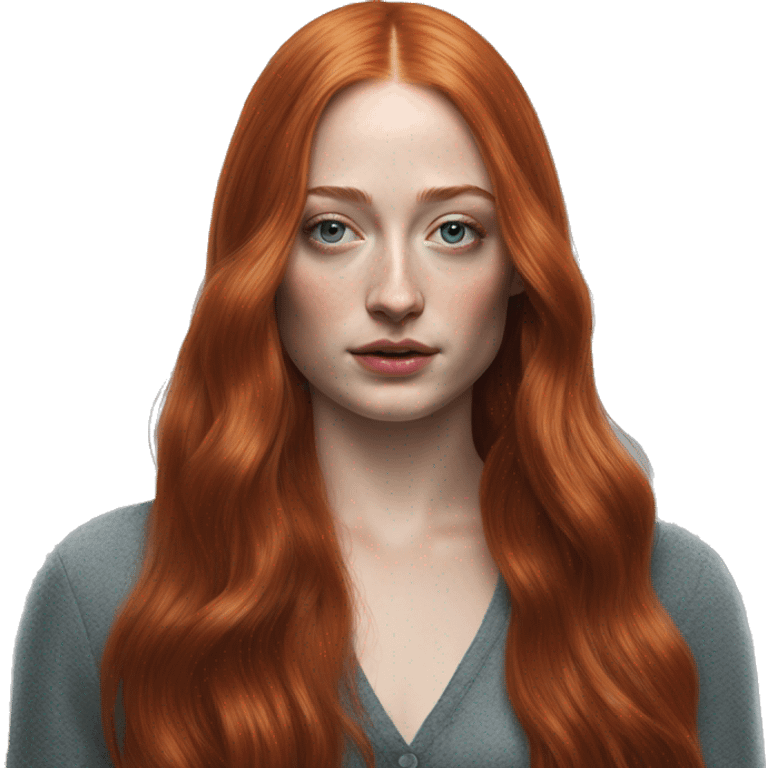 Sophie Turner long red hair, teenager, Sansa Stark, hyperreal, photoreal portrait emoji