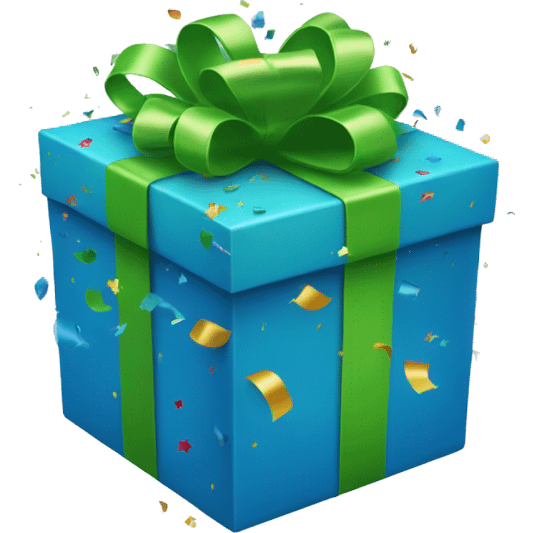 blue gift box with a green bow with confetti flying out of it emoji