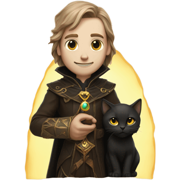 A sun warlock who is pale with brown hair and is holding a black kitten emoji