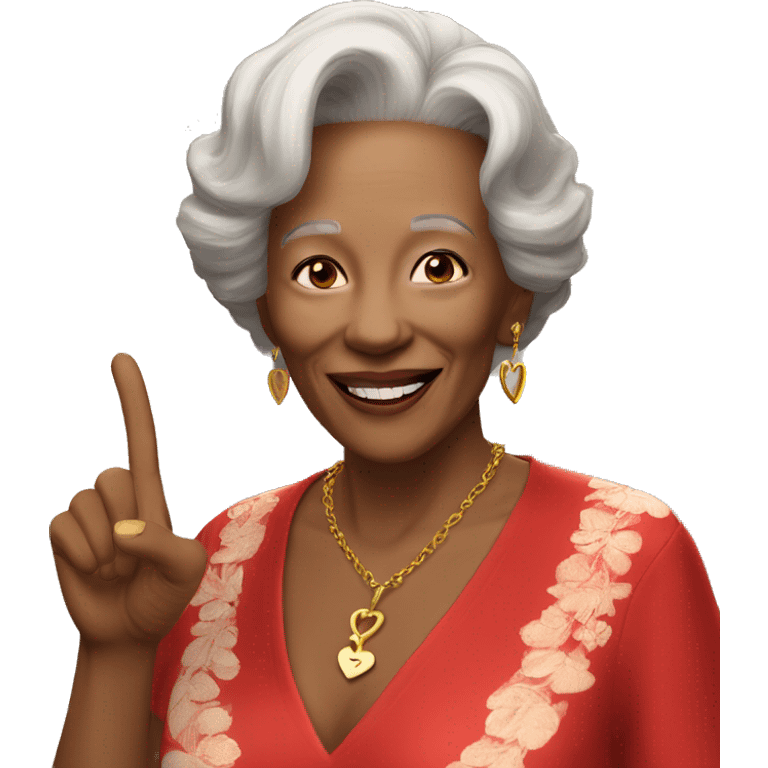 An older woman in a red silk top is smiling and giving a peace sign. She is wearing gold jewelry, including a necklace with a heart pendant. She is standing in a room and the red door is partially visible in the background. emoji