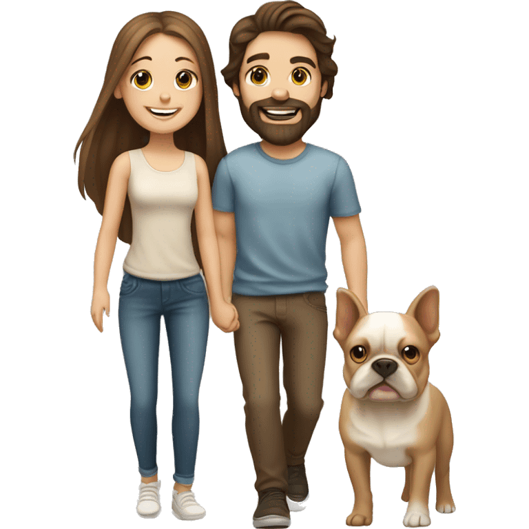 Brunette happy couple boy with beard and girl  with long hair with one cute beige French bull dog  emoji